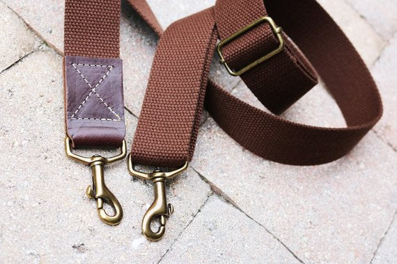 Dark Brown & Gold Strap - 1.5 Wide, Comfy Nylon - Adjustable Length - U  Shape #16XLG Swiveling Hooks (Gold, Brushed, Nickel or Gunmetal)