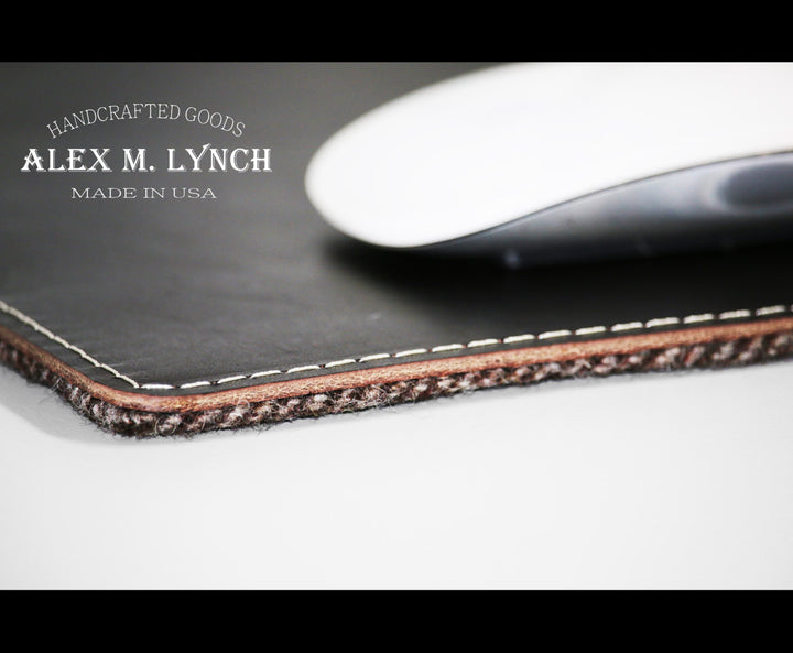 Leather mouse pad - wool herringbone combination